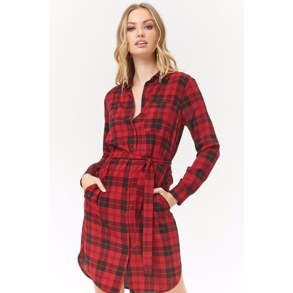 Forever 21 Plaid Dolphin Hem Shirt Dress Black Red